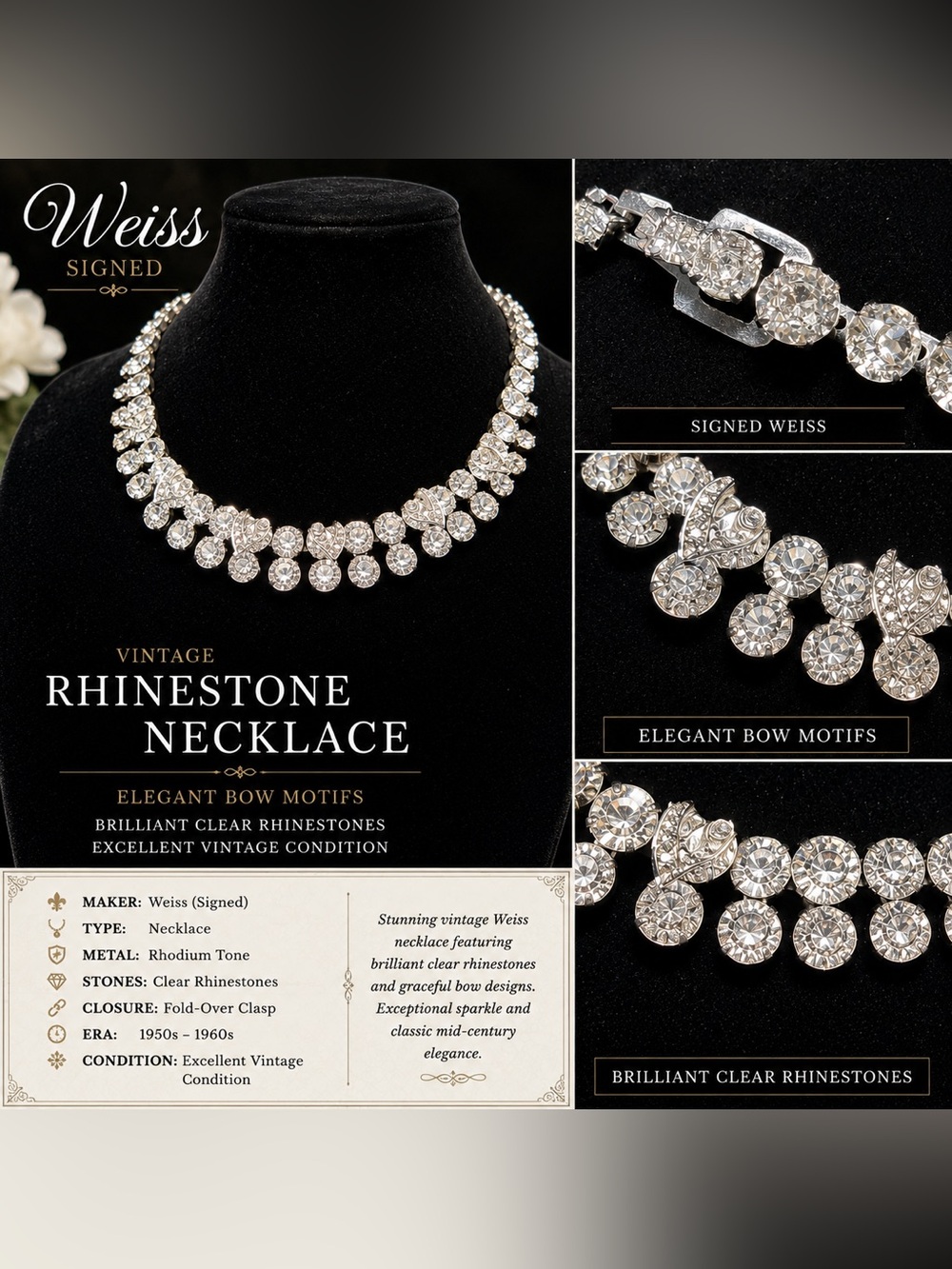 Vintage signed Albert Weiss Sparkling Clear Rhinestone Collar Necklace